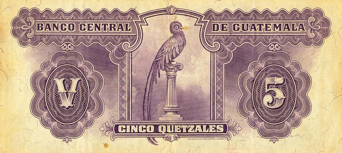 Back of Guatemala p16b: 5 Quetzales from 1945