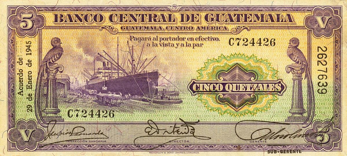 Front of Guatemala p16b: 5 Quetzales from 1945