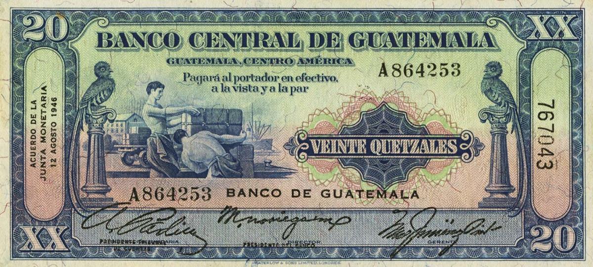 Front of Guatemala p22: 20 Quetzales from 1946