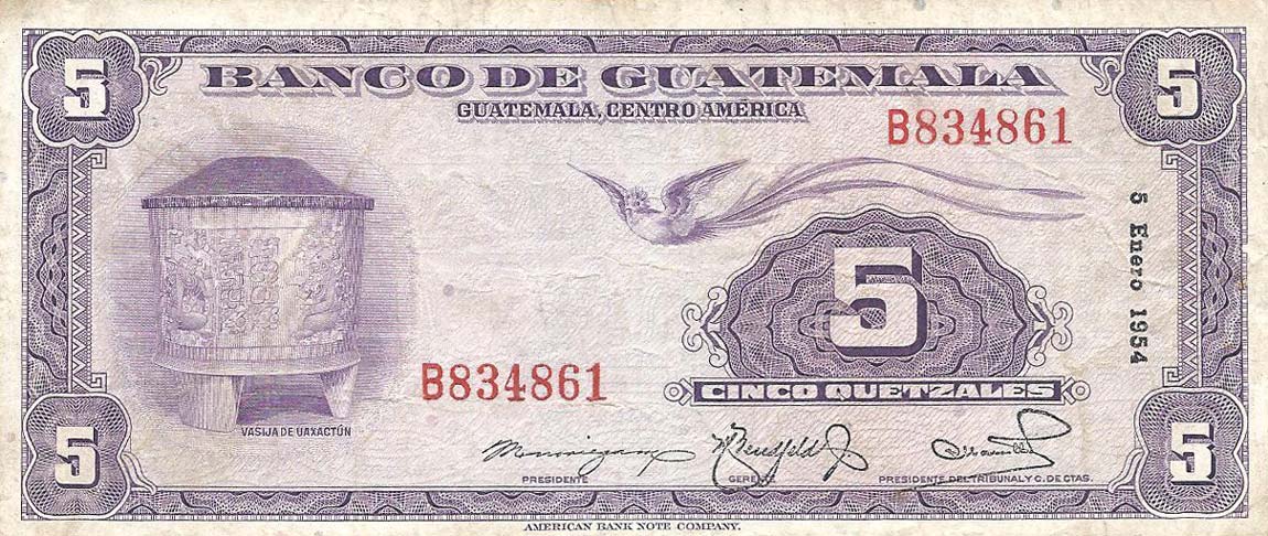 Front of Guatemala p25: 5 Quetzales from 1948