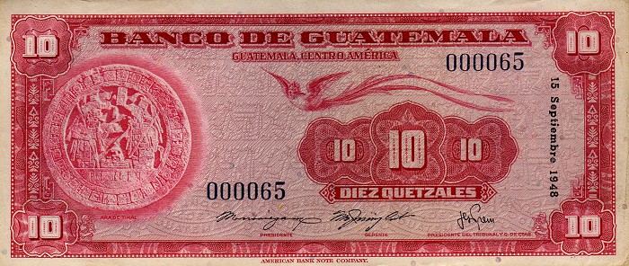 Front of Guatemala p26a: 10 Quetzales from 1948