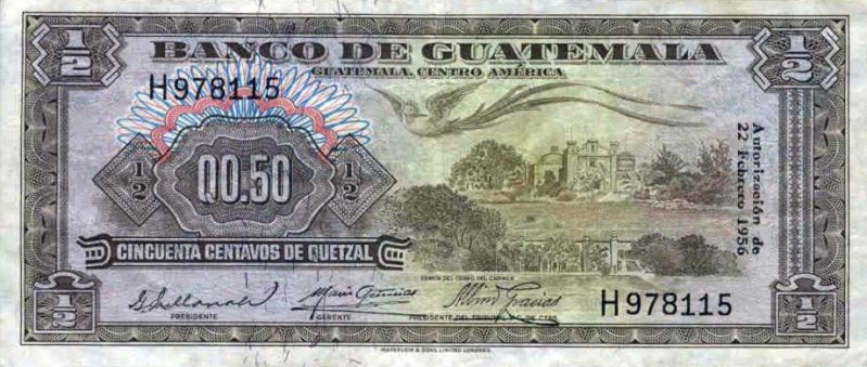 Front of Guatemala p29: 0.5 Quetzal from 1955