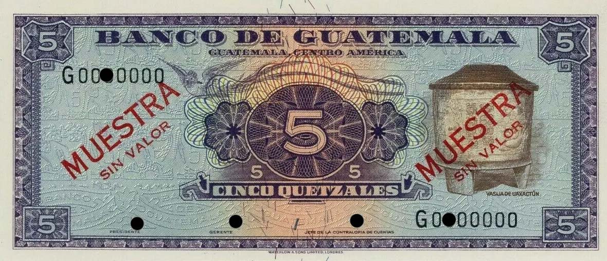 Front of Guatemala p31s: 5 Quetzales from 1955