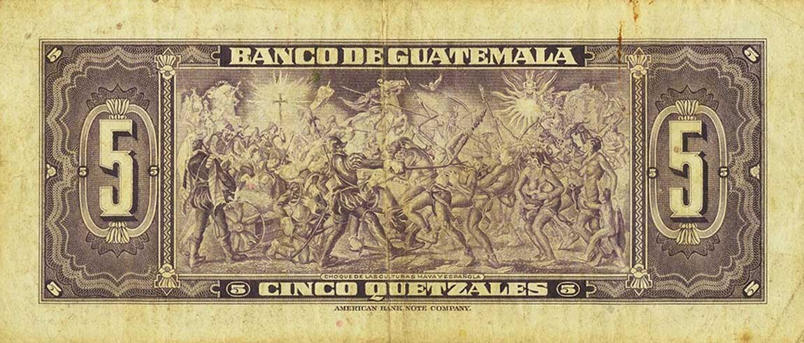 Back of Guatemala p37a: 5 Quetzales from 1958