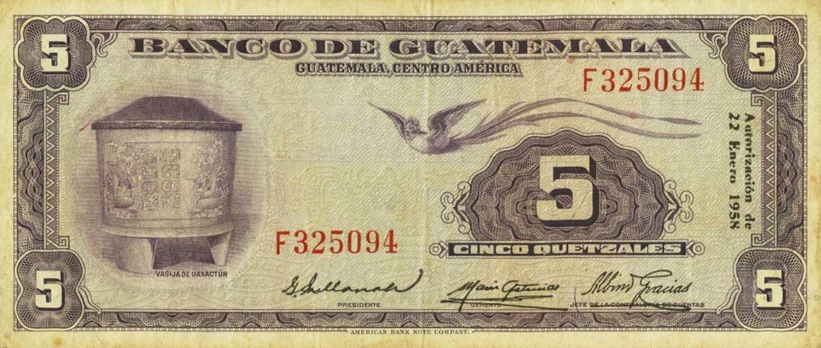 Front of Guatemala p37a: 5 Quetzales from 1958