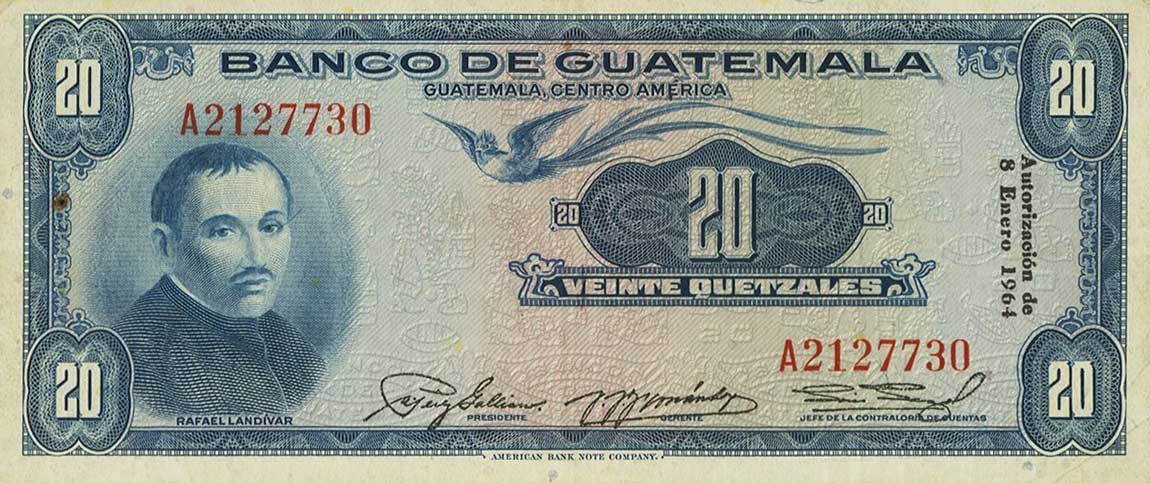 Front of Guatemala p39b: 20 Quetzales from 1964