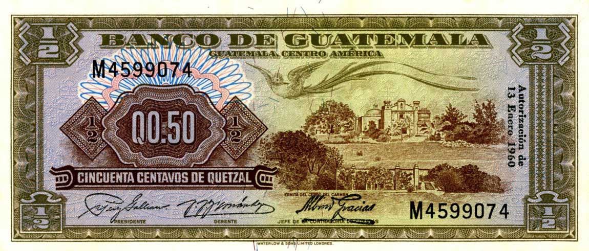 Front of Guatemala p41b: 0.5 Quetzal from 1960