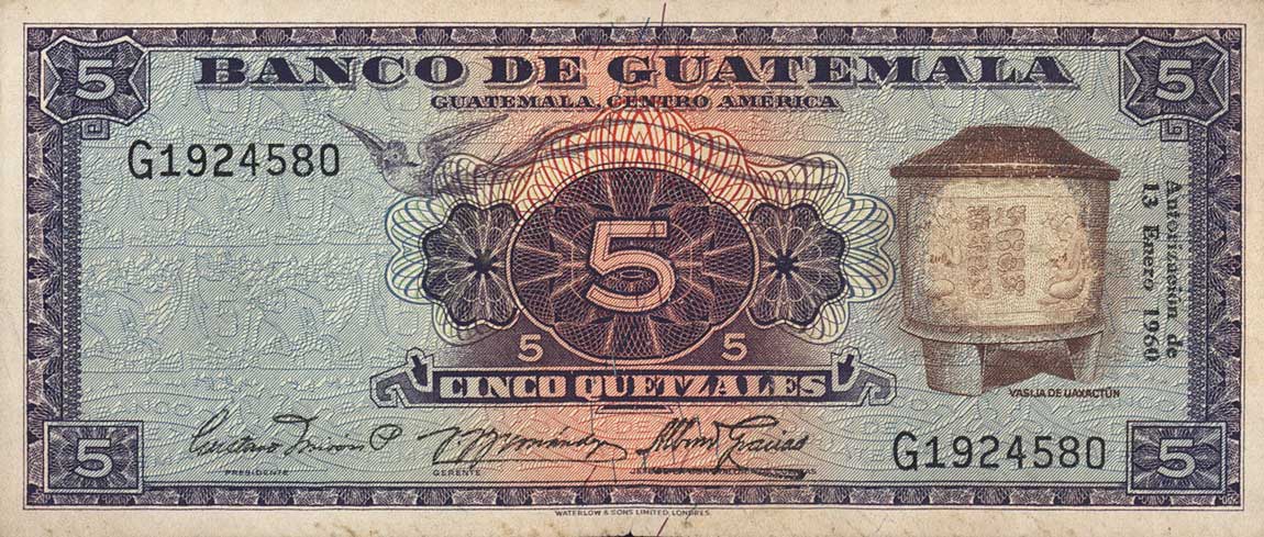 Front of Guatemala p45b: 5 Quetzales from 1960