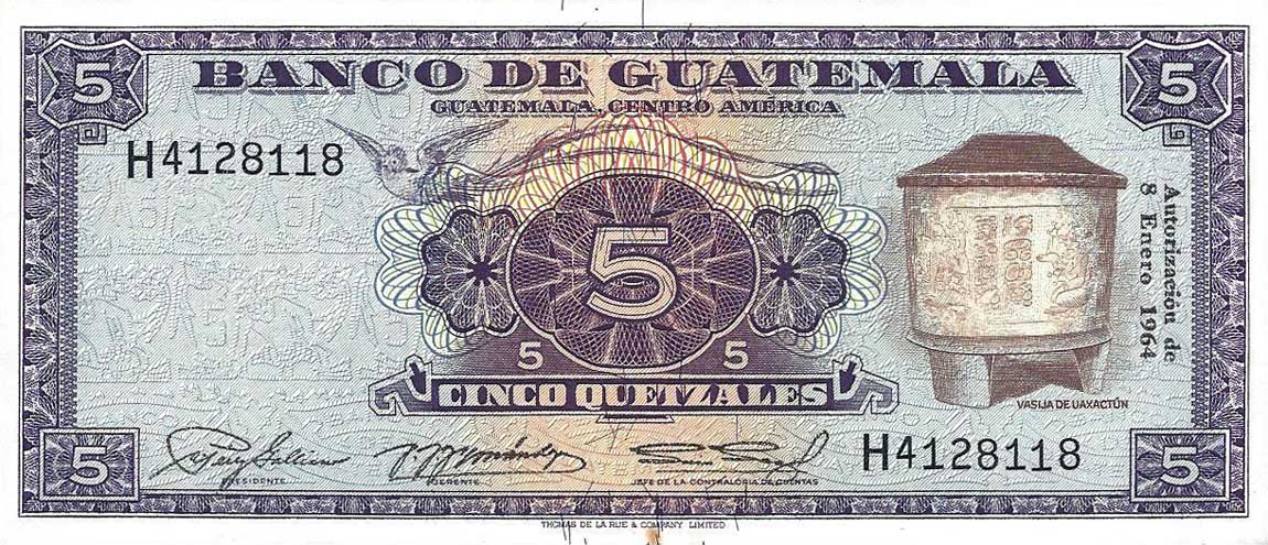 Front of Guatemala p45f: 5 Quetzales from 1964