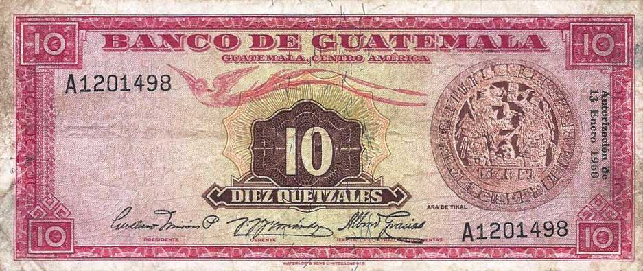 Front of Guatemala p47b: 10 Quetzales from 1960