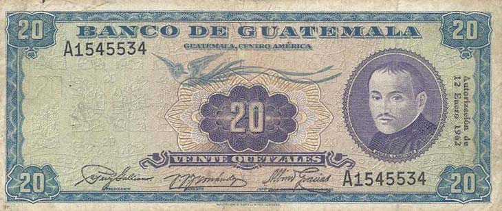 Front of Guatemala p48c: 20 Quetzales from 1962
