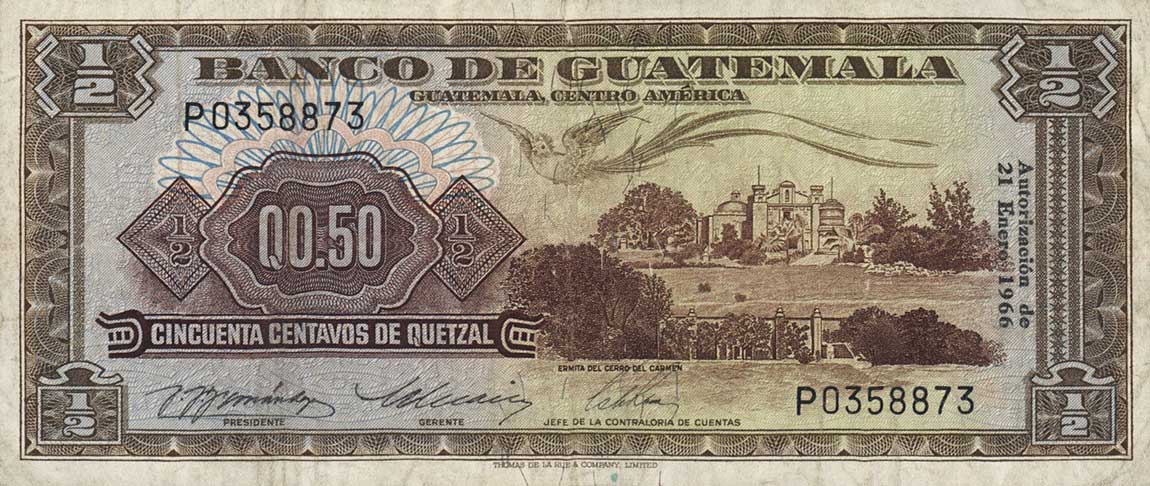 Front of Guatemala p51c: 0.5 Quetzal from 1966