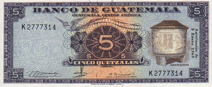 Front of Guatemala p53a: 5 Quetzales from 1964