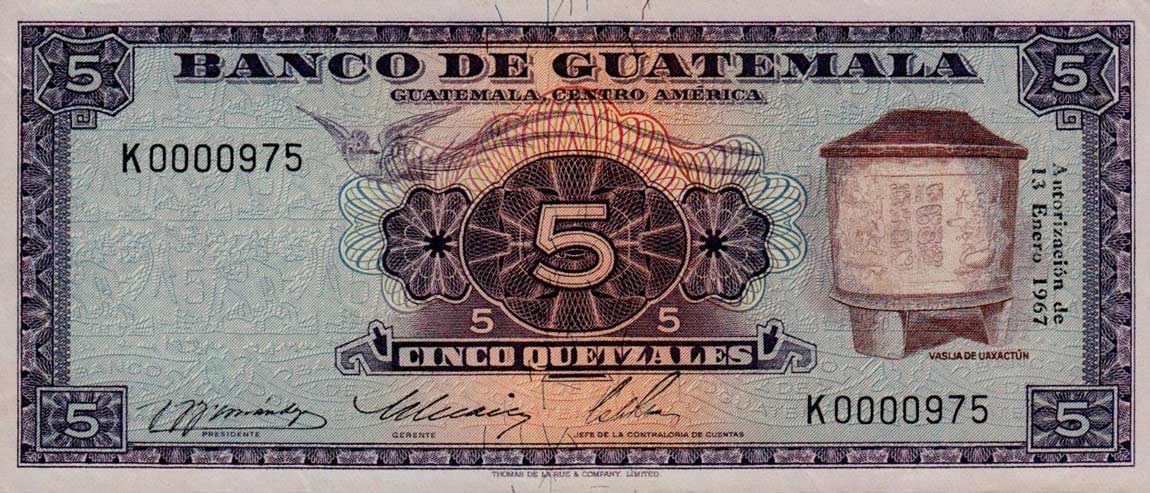 Front of Guatemala p53d: 5 Quetzales from 1967