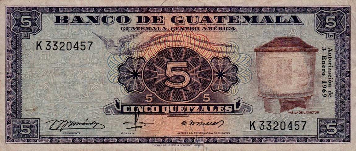 Front of Guatemala p53f: 5 Quetzales from 1969