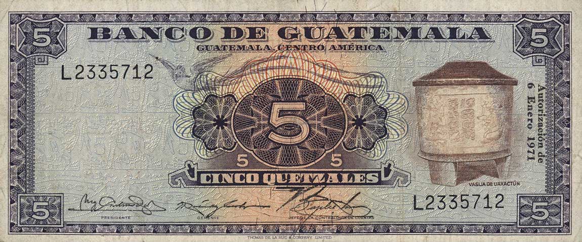 Front of Guatemala p53h: 5 Quetzales from 1971