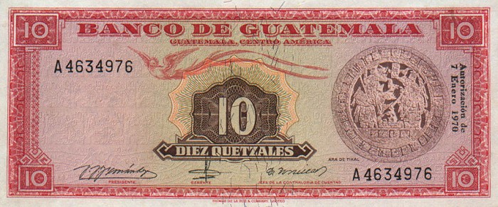 Front of Guatemala p54a: 10 Quetzales from 1965