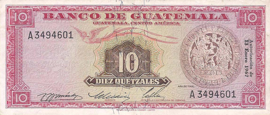 Front of Guatemala p54c: 10 Quetzales from 1967