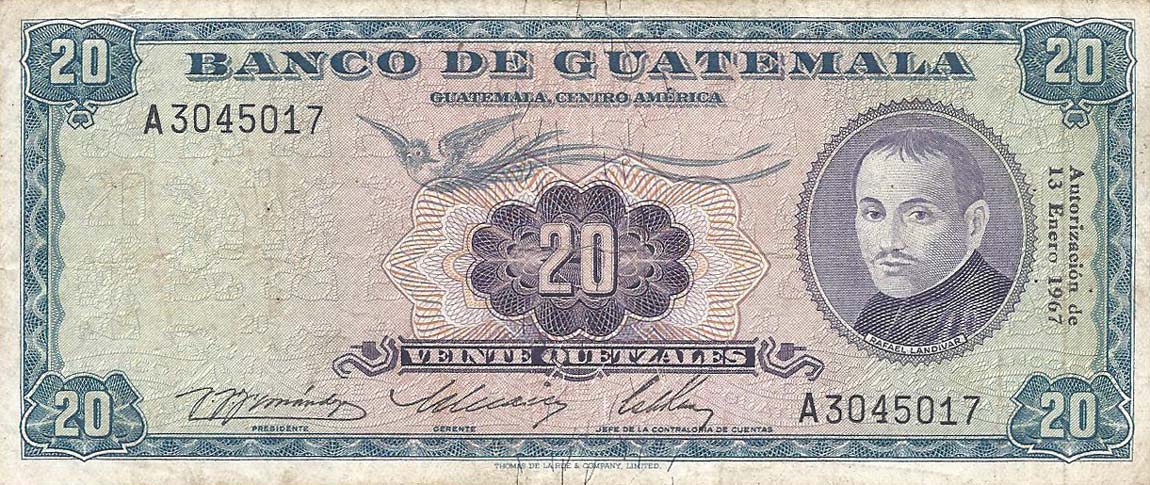 Front of Guatemala p55c: 20 Quetzales from 1967