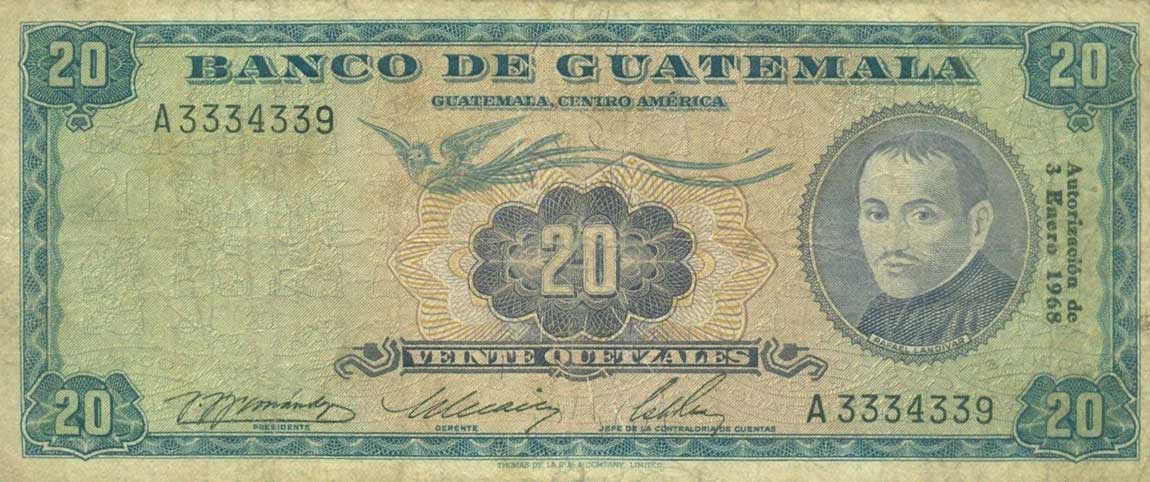 Front of Guatemala p55d: 20 Quetzales from 1968