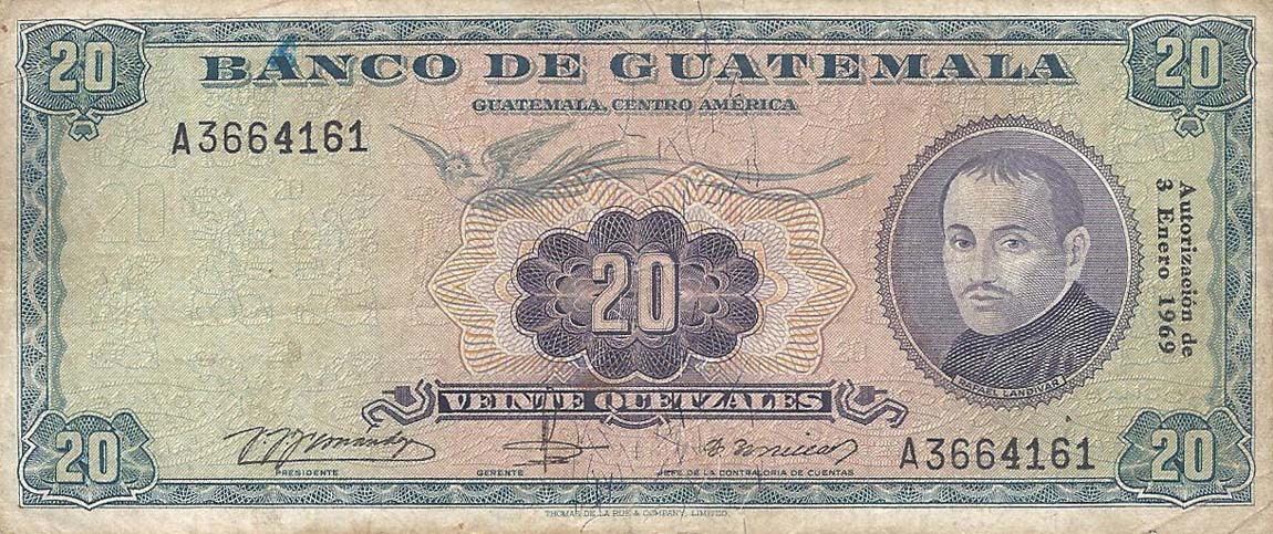 Front of Guatemala p55e: 20 Quetzales from 1969