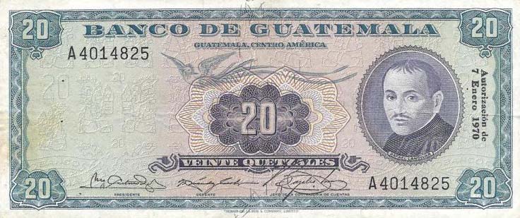 Front of Guatemala p55f: 20 Quetzales from 1970