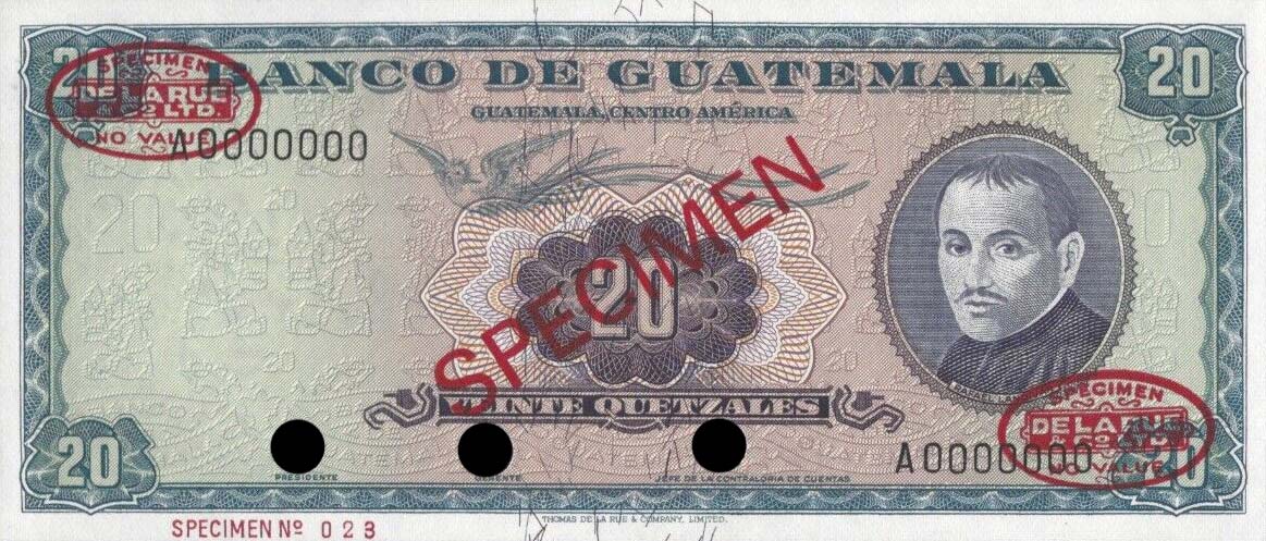 Front of Guatemala p55s: 20 Quetzales from 1965