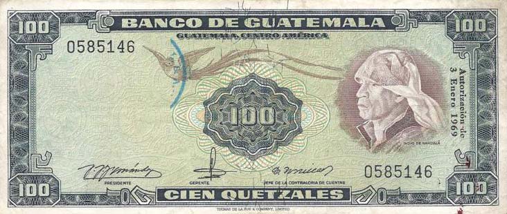 Front of Guatemala p57d: 100 Quetzales from 1969