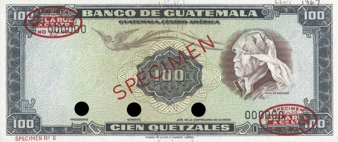 Front of Guatemala p57s: 100 Quetzales from 1966