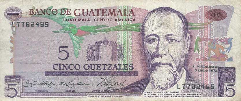 Front of Guatemala p60a: 5 Quetzales from 1969