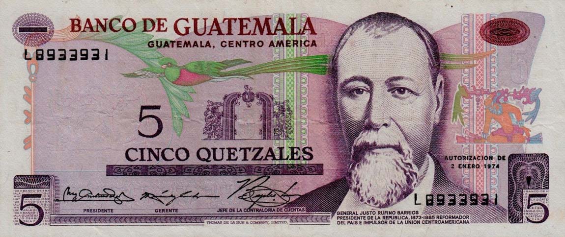 Front of Guatemala p60b: 5 Quetzales from 1974