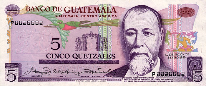 Front of Guatemala p60c: 5 Quetzales from 1978