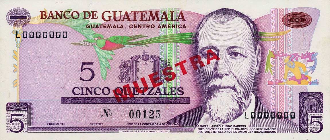 Front of Guatemala p60s: 5 Quetzales from 1978