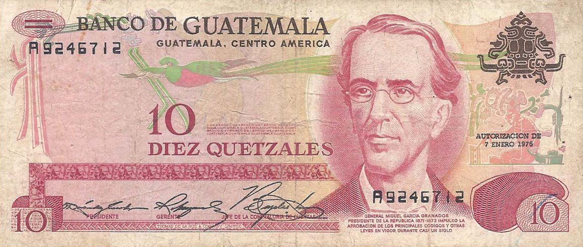 Front of Guatemala p61b: 10 Quetzales from 1974