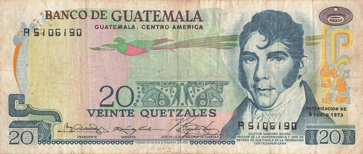 Front of Guatemala p62a: 20 Quetzales from 1972