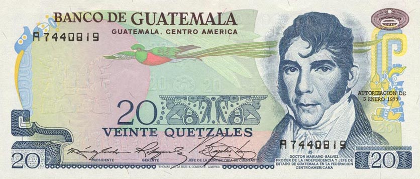 Front of Guatemala p62b: 20 Quetzales from 1974