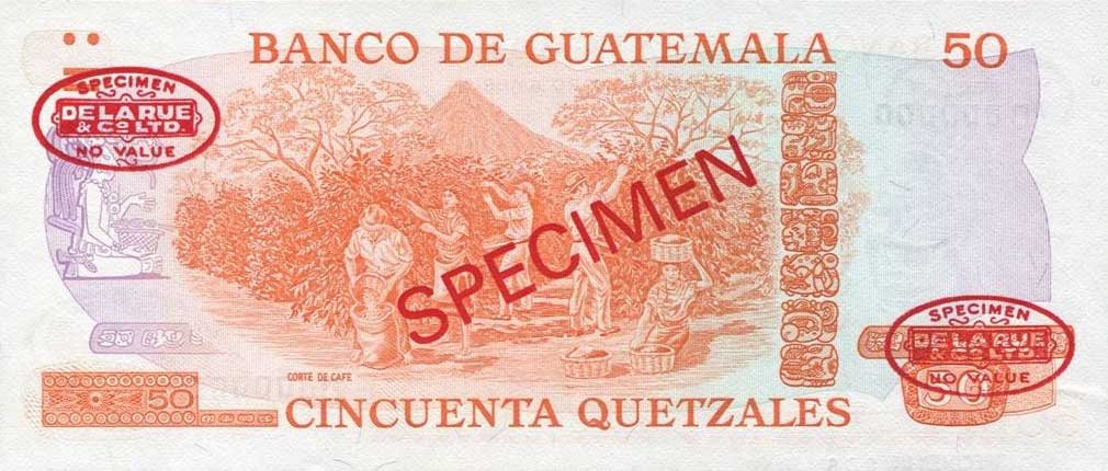 Back of Guatemala p63s: 50 Quetzales from 1974