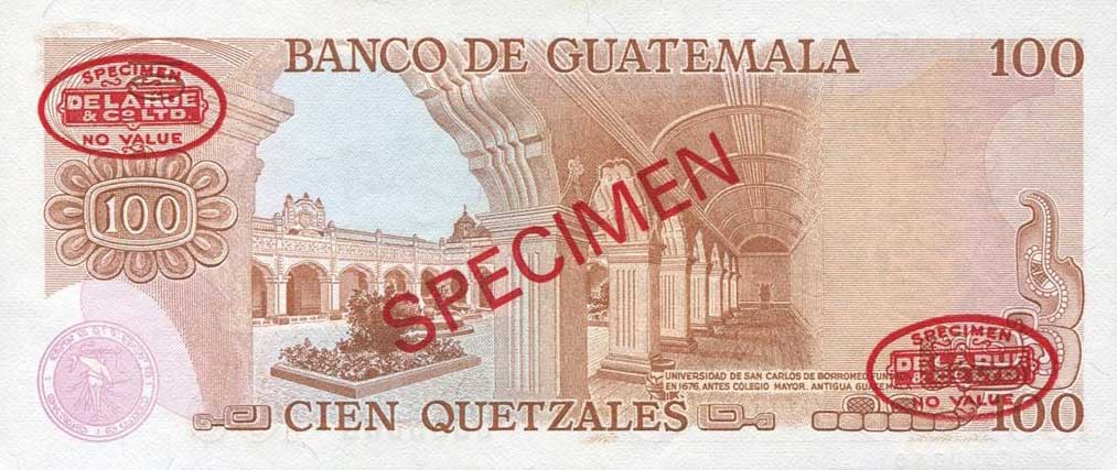 Back of Guatemala p64s: 100 Quetzales from 1972