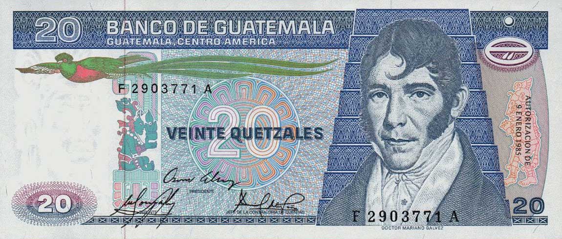 Front of Guatemala p69: 20 Quetzales from 1983