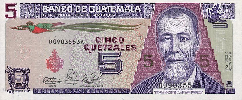 Front of Guatemala p74a: 5 Quetzales from 1990
