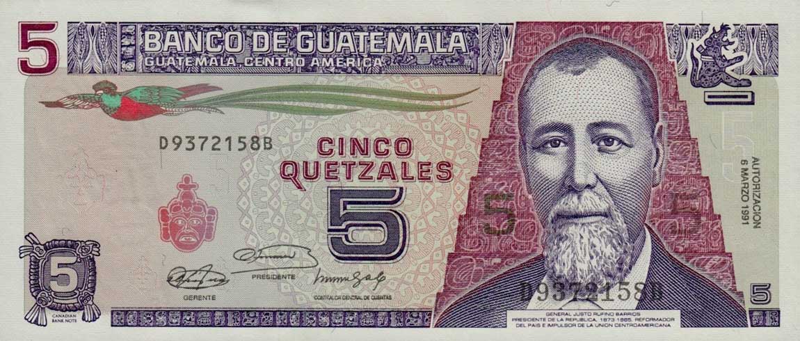 Front of Guatemala p74b: 5 Quetzales from 1991