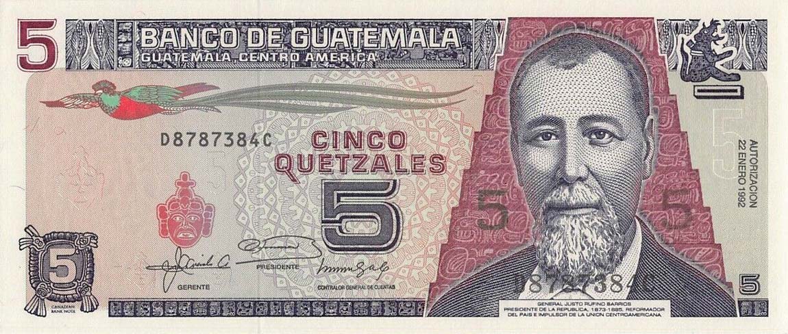 Front of Guatemala p74c: 5 Quetzales from 1992