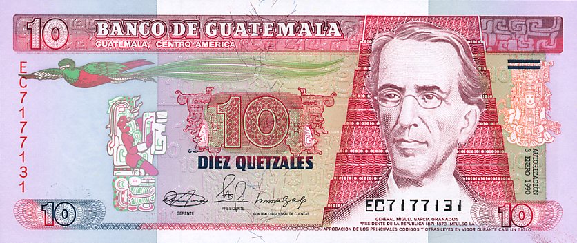 Front of Guatemala p75a: 10 Quetzales from 1989