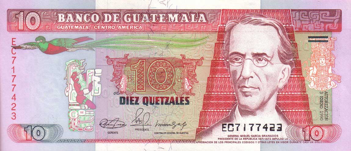 Front of Guatemala p75b: 10 Quetzales from 1990