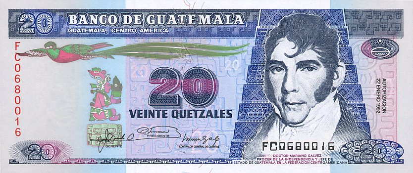 Front of Guatemala p76a: 20 Quetzales from 1989