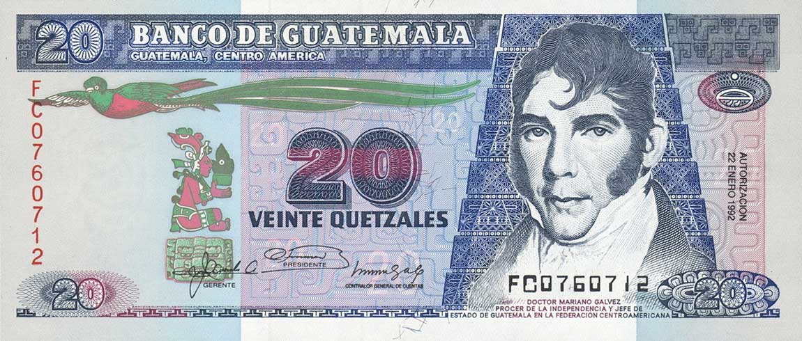 Front of Guatemala p76c: 20 Quetzales from 1992