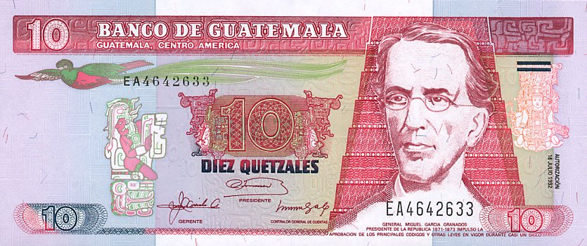 Front of Guatemala p82: 10 Quetzales from 1992