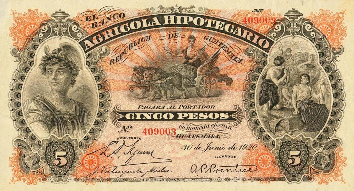 Front of Guatemala pS102c: 5 Peso from 1914