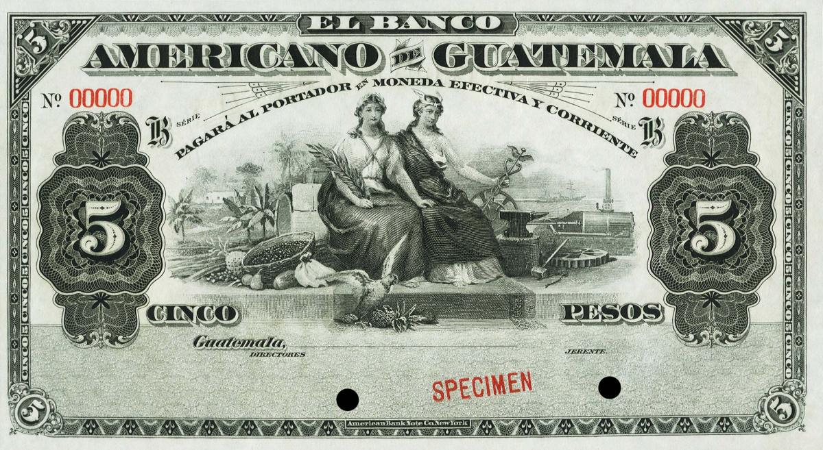 Front of Guatemala pS112s: 5 Pesos from 1897