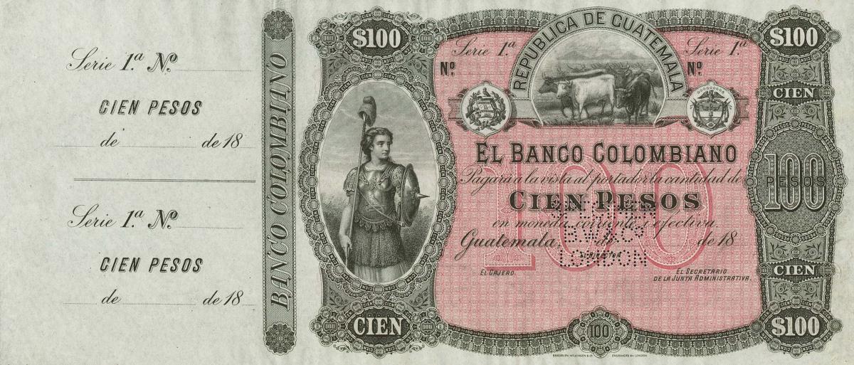 Front of Guatemala pS126s: 100 Pesos from 1889